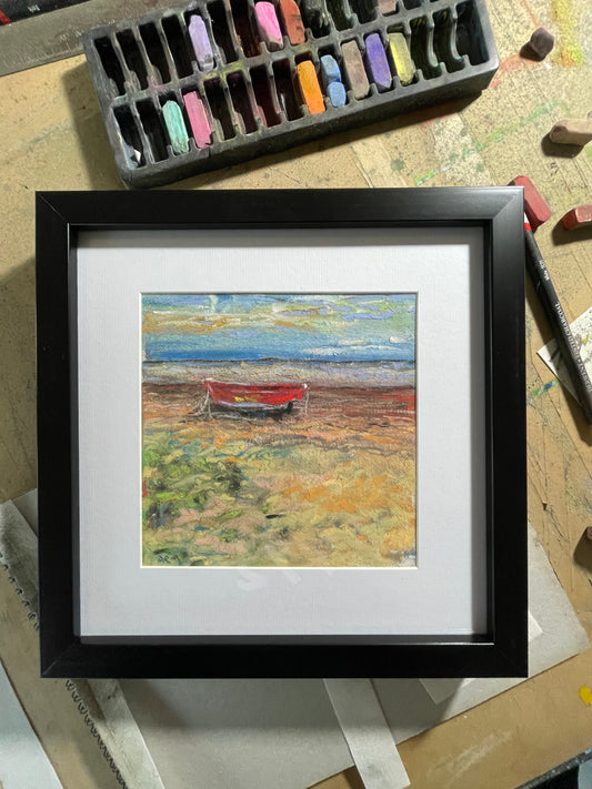 Boat on Dunwich Beach Pastel Drawing (with black frame)