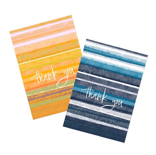 Image of two ‘thank you’ cards, one blue stripes and one with orange stripes