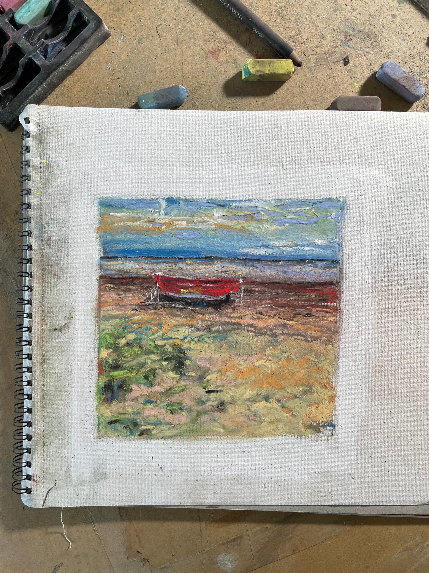 Boat on Dunwich Beach Pastel Drawing (with black frame)